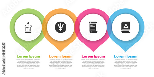 Set Burning candle, Neptune planet, Decree, parchment, scroll and Ancient magic book. Business infographic template. Vector