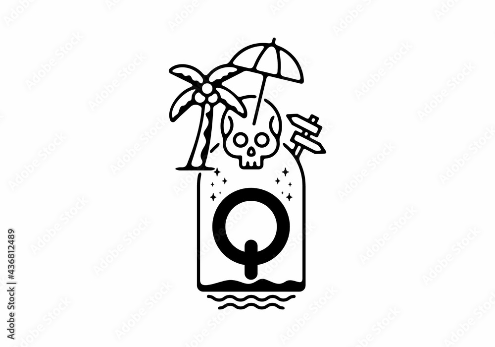 Black line art illustration of skull beach with Q initial letter
