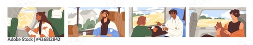 Happy people traveling in planes, trains and buses, looking outside windows at sceneries, landscapes. Scenes with passengers in transport. Tourism concept. Colored flat graphic vector illustration
