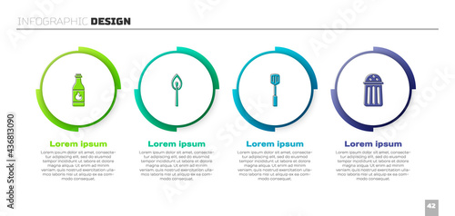 Set Tabasco sauce, Burning match with fire, Barbecue spatula and Salt. Business infographic template. Vector