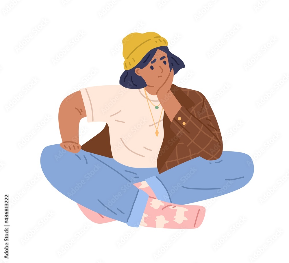 Sad young woman thinking about problems, hesitating and doubting. Unhappy pensive person with frowning and embarrassed face expression. Colored flat vector illustration isolated on white background Sad young woman thinking about problems, hesitating and doubting. Unhappy pensive person with frowning and embarrassed face expression. Colored flat vector illustration isolated on white background