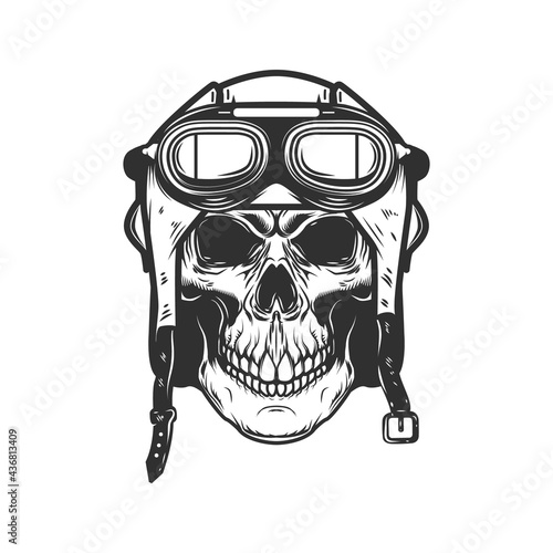 Aviator skull in aviators helmet. Design element for logo, label, sign, emblem. Vector illustration