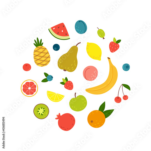 Set of ripe and juicy summer fruits and berries - pineapple  orange  bananas  kiwi  pomegranate  pear  apple  lemon  strawberry  blueberry  cherry. Hand-drawn cartoon style cute abstract food