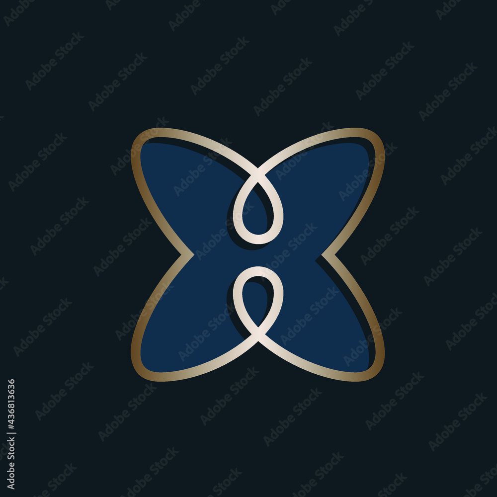 Letter X logo.Typographic icon.Lettering sign isolated on dark background.Alphabet initial.Elegant, decorative, luxury, geometric style.Gold color line.Minimalist shape.