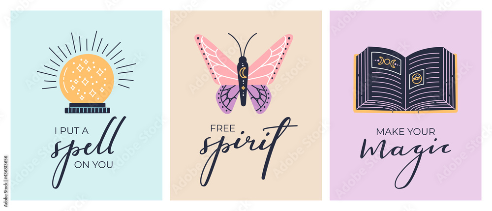 Εκτύπωση καμβά Celestial modern posters collection with crystal ball, magic moth, spell book and handwritten inspire lettering for greeting cards, prints or home decor