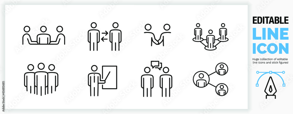 Editable line icon set of people working together in a team