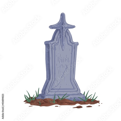 Old stone gravestone with cross. Upright tombstone in vintage style. Realistic headstone of ancient cracked religious tomb. Hand-drawn colored vector illustration isolated on white background