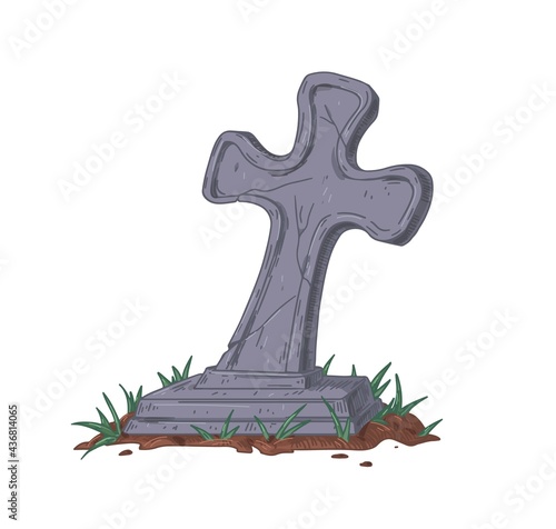 Old cracked cross over ancient gravestone. Christian granite tombstone with ground and grass. Religious burial art. Hand-drawn colored vector illustration isolated on white background