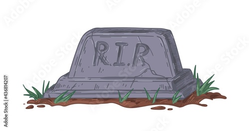 Granite gravestone with RIP or Rest in Peace inscription. Old cracked tomb with tombstone. Realistic headstone of ancient grave. Hand-drawn vector illustration isolated on white