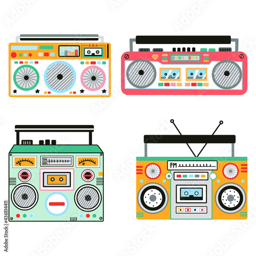 Set of cute and colorful old school tape recorders doodles. Vintage boombox icons. Hand drawn illustration. 90s vibes, retro design.