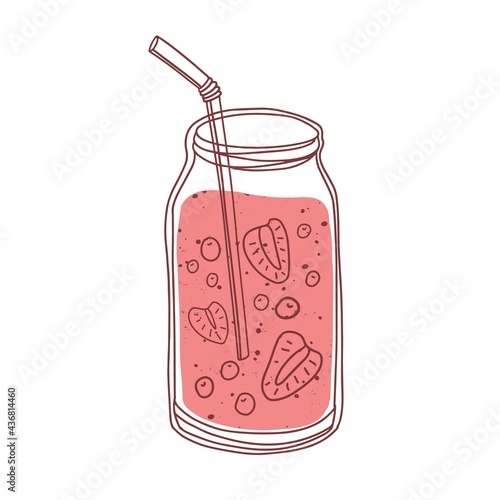 Glass jar of berry smoothie. Refreshing summer strawberry cocktail with straw. Cold detox drink with natural ingredients. Colored flat vector illustration of lemonade isolated on white background