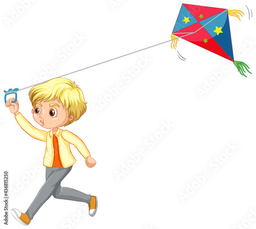 Cute boy playing kite cartoon character isolated