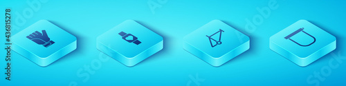 Set Isometric Gloves, Smart watch, Bicycle lock and frame icon. Vector