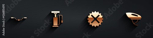 Set Bicycle handlebar, air pump, sprocket crank and helmet icon with long shadow. Vector