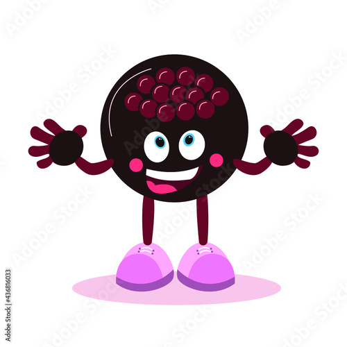 Cartoon black caviar. Caviar with face, arms and legs. Healthy and nutritious food. Vector image