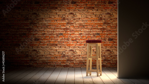 Fotografia empty stand up stage room background, bar stool, brick wall, wooden floor in ref