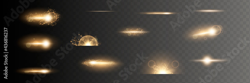 Set. Shining star, the sun particles and sparks with a highlight effect, golden bokeh lights glitter and sequins. On a dark background transparent. Vector, EPS10