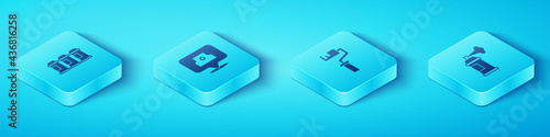 Set Isometric Paint spray can, Spray nozzle cap, and roller brush icon. Vector