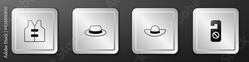 Set Life jacket, Man hat with ribbon, Elegant women and Please do not disturb icon. Silver square button. Vector