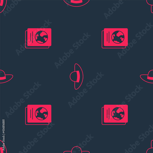Set Passport and Elegant women hat on seamless pattern. Vector
