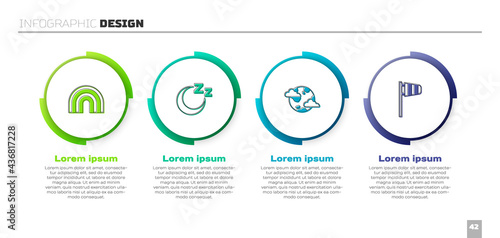 Set Rainbow, Time to sleep, Earth planet with clouds and Cone windsock wind vane. Business infographic template. Vector