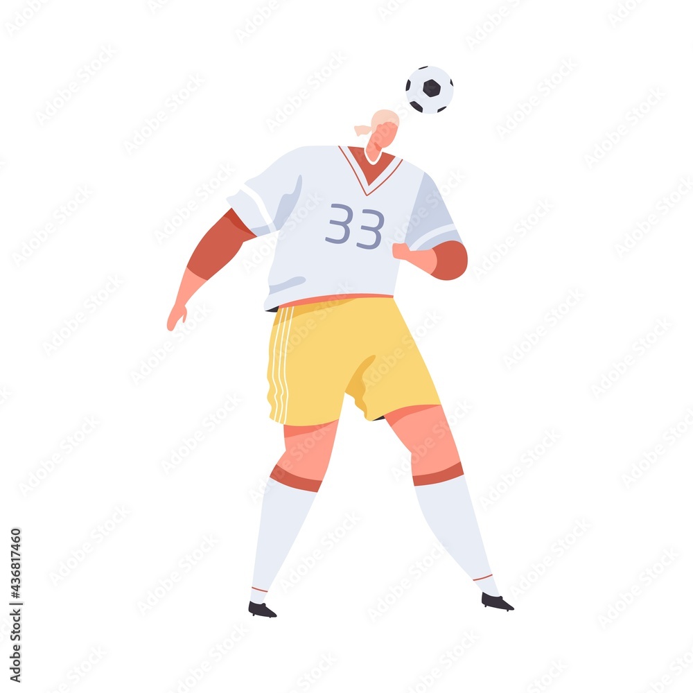 Professional soccer player hitting ball with head. Man in uniform playing European football. Footballer during game or training. Flat vector illustration of sportsman isolated on white background