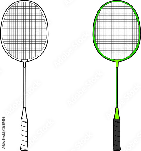 badminton racket vector drawing line art and colored