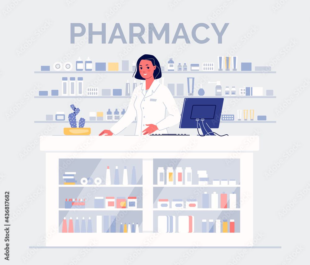 Friendly Pharmacist Woman at the Counter with Medicines. Pharmacy Concept. Color Vector Illustration in Flat Cartoon Style.