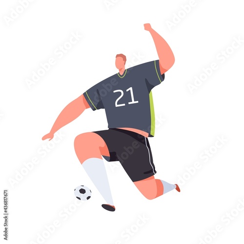 Soccer striker running and kicking ball with foot. Football player playing. Professional footballer during game. Colored flat vector illustration of sportsman isolated on white background