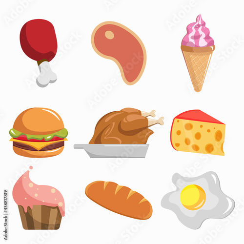 Food vector clip art set. meat, hamburger, fried egg, cheese, ice cream, fried chicken, cupcake. Food vector clip art set. meat, hamburger, fried egg, cheese, ice cream, fried chicken, cupcake.