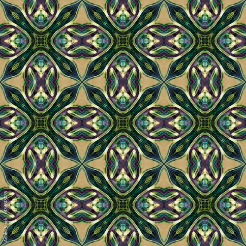 Seamless abstract geometric floral surface pattern in vivid colors with symmetrical form repeating horizontally and vertically. Use for fashion design, home decoration, wallpapers and gift packages.