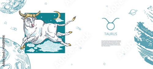 Taurus zodiac sign. The bull flies in the clouds. Astrology. Graphics. Freehand drawing.