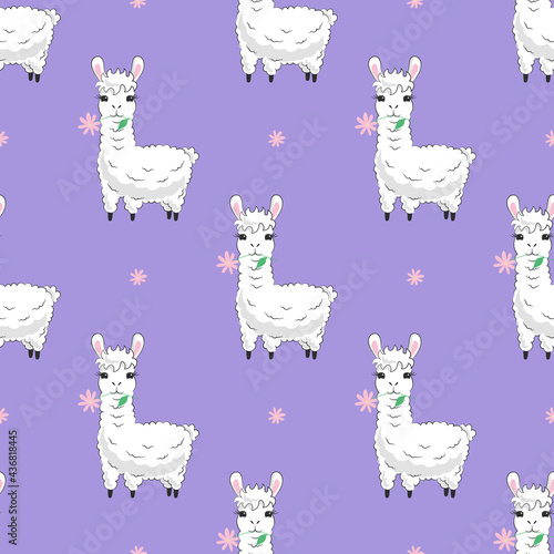 Cute fluffy llama and pink flower seamless pattern. White hand drawn alpaca on lilac background for scrapbooking paper wrapping nursery decoration textile. Kid child animal. Stock vector illustration.