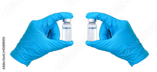 Doctor s hand in a medical glove holds a bottle with a vaccine against a white background  vaccine disease preparing for child  baby  adult  man and woman vaccination shot  medicine and drug concept.