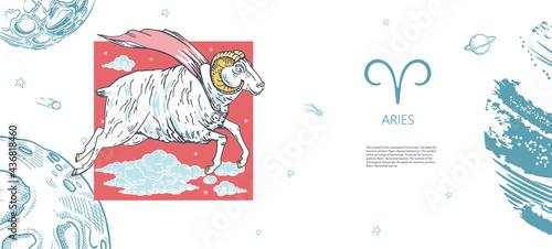 Zodiac constellation Aries. A ram in a superhero cloak flies among the clouds.