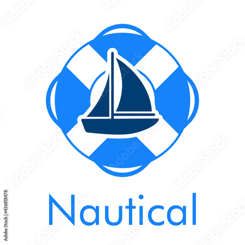 Logotipo con texto Nautical y barco de vela en anillo salvavidas en color azul