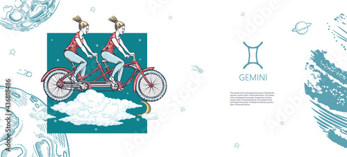 Zodiac constellation Gemini. Two girls ride a bike on the clouds. The symbol of the astrological horoscope.