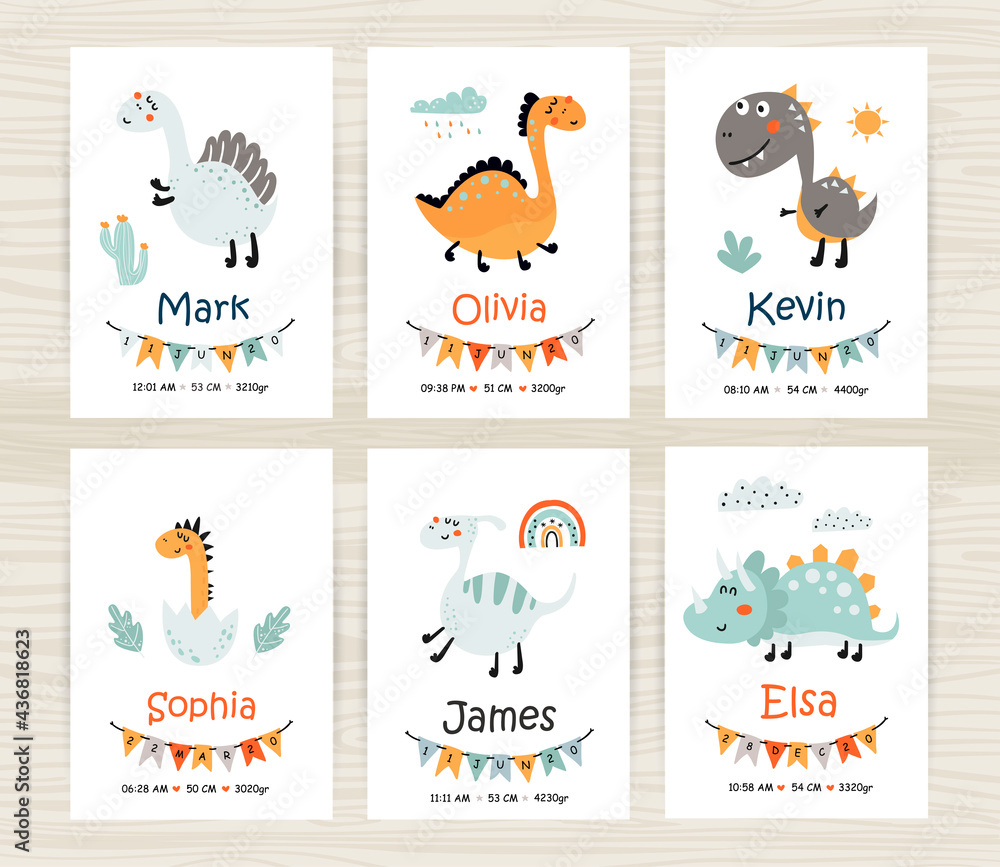Fototapeta premium Baby shower invitation templates with cute dinosaurs for girl and boy.