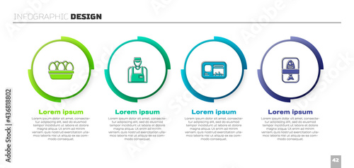 Set Chicken egg in box, Seller, Identification badge and Fish plastic tray container. Business infographic template. Vector
