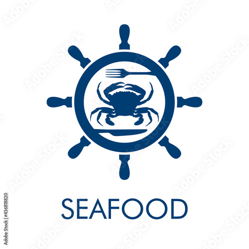 Logotipo con texto Seafood con timón de barco con cangrejo y tenedor y cuchillo en color azul