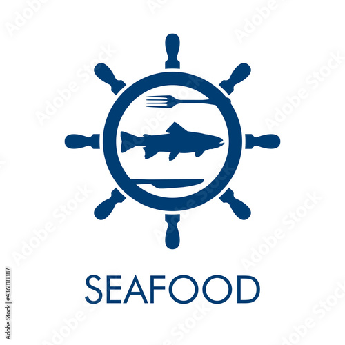 Logotipo con texto Seafood con timón de barco con pescado y tenedor y cuchillo en color azul