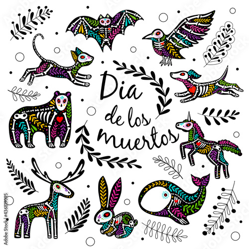 Wallpaper Mural Vector colorful set of stickers. Dia de los Muertos design, Day of the dead or Halloween concept. Different animals skeletons, with leaves and text, isolated on white background Torontodigital.ca