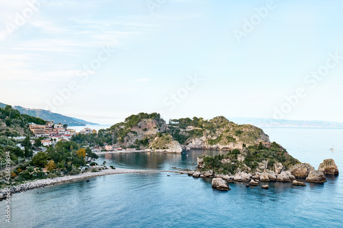 Isola Bella island near Taormina, Sicily, Italy Beautiful small island surrounded by azure waters of the Ionian Sea. Beauty in Sicily as a tourist attraction. Season on mediterranean sea.