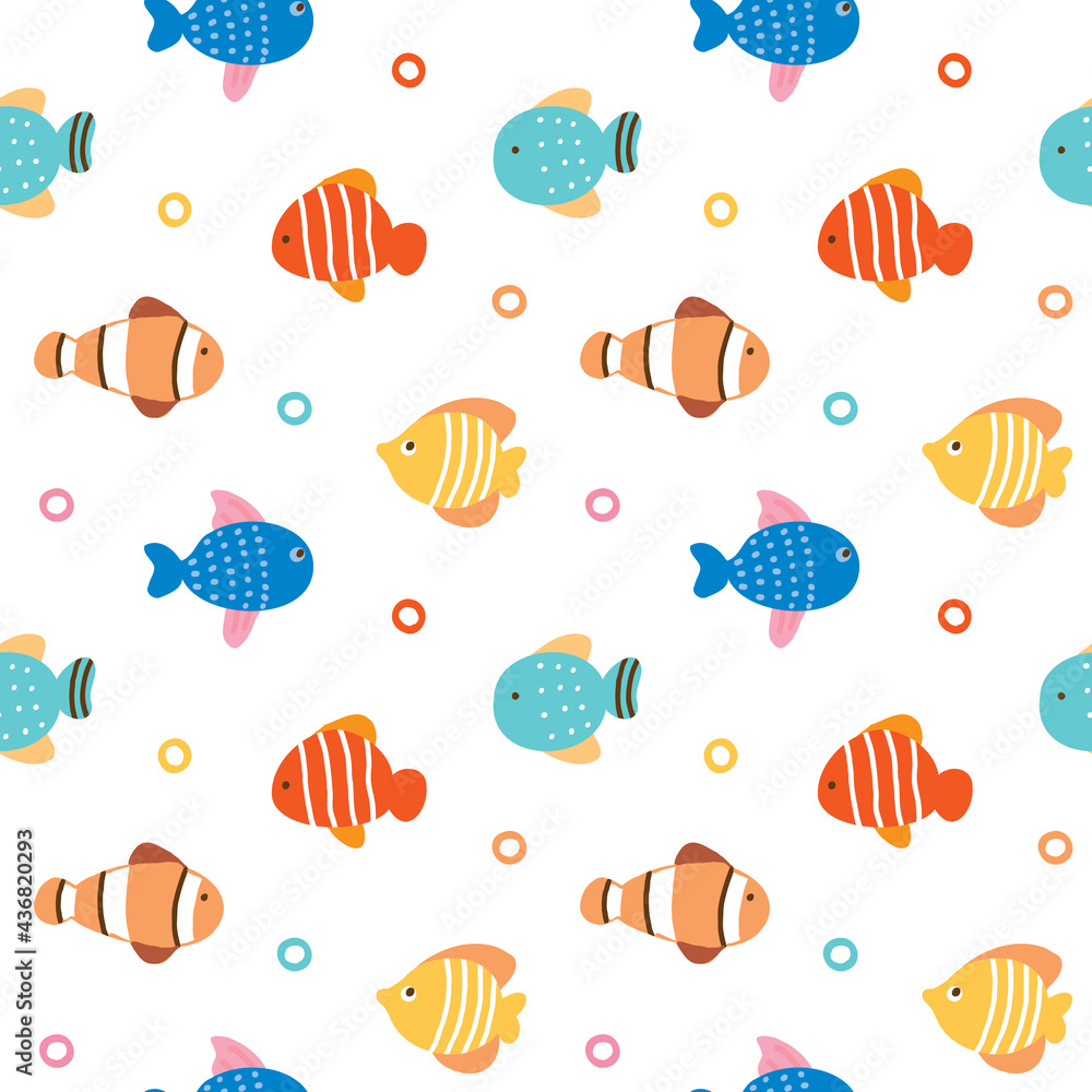 Seamless Pattern of Colorful Fish Illustration Design on White Background