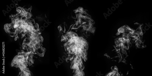 A perfect set of three different mystical curly white steam or smoke on a black background.