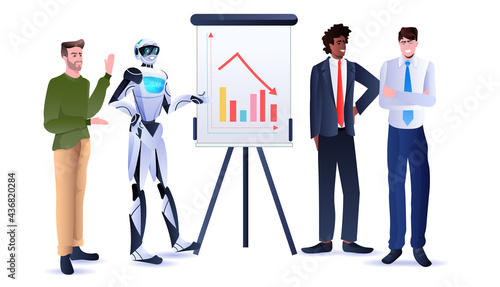 mix race businesspeople with robot analyzing financial statistics on flip chart data analysis artificial intelligence