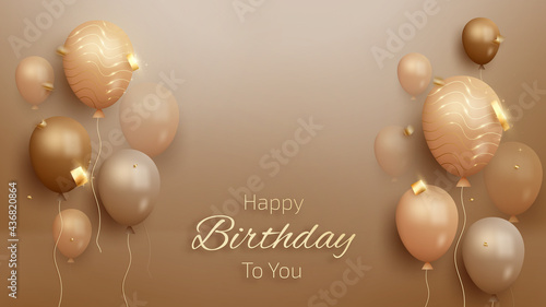 Happy birthday card with luxury balloons and ribbon. 3d realistic style. vector illustration for design.