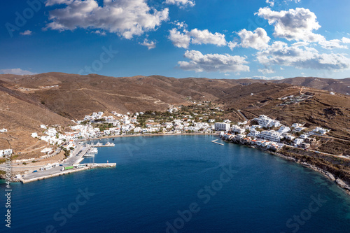 Merihas port aerial drone view in the morning. Greece, Kythnos island, Cyclades. photo