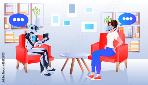 robot psychologist discussing with woman patient in mask psychotherapeutic counseling psychotherapy session