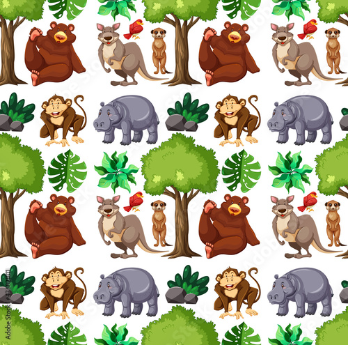 Seamless pattern with cute wild animals and nature elements